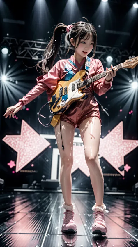 a Japanese girl,inactive pink costume,cantar alto, on the live stage ,peito plano ,completely wet with her sweat,Dancing hard,ponytail hair, Belle, PERSEPHONE, (fullbody:1.8), Holding guitar.