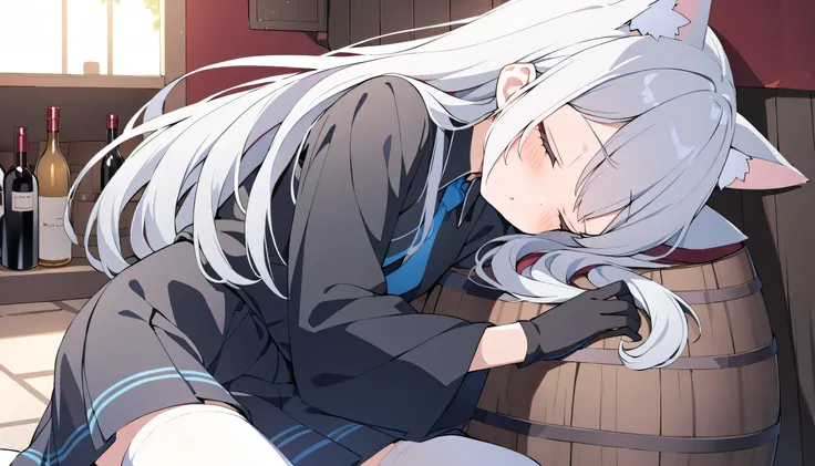 long hair,Silver Hair, girl,Cat ears,alone,Close your eyes,asleep,Black Robes(red interior dyeing next to the villa), blue tie,white stockings,basement,wine cellar, skirt,black gloves,Lie on the barrel,blush