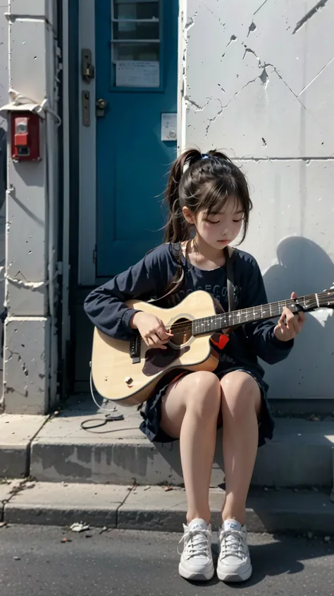 A girl on a day off, plays guitar ,corner of the street
