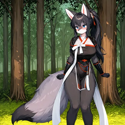 core_9, score_8_up, score_7_up, source_anime, 1 girl, solo, digital media (artwork) high resolution, beautiful, human body, fur black , female, furry woman, petite, detailed textured fur, fur tufts black , large breasts, fluffy fur black , fox, slim, slend...