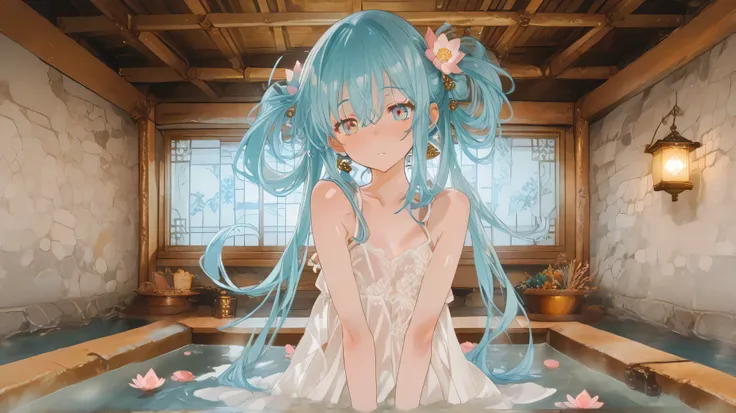 Masterpiece, Best Quality, Top Quality, Very Detailed, 1 girl, score_9, score_8_up, score_7_up, An anime girl with long aqua twin-tails lounges in a circular onsen, her white translucent cheongsam dress damp against her skin as cherry blossom patterns glow...