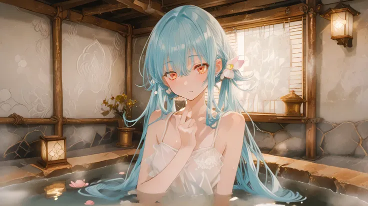Masterpiece, Best Quality, Top Quality, Very Detailed, 1 girl, score_9, score_8_up, score_7_up, An anime girl with long aqua twin-tails lounges in a circular onsen, her white translucent cheongsam dress damp against her skin as cherry blossom patterns glow...
