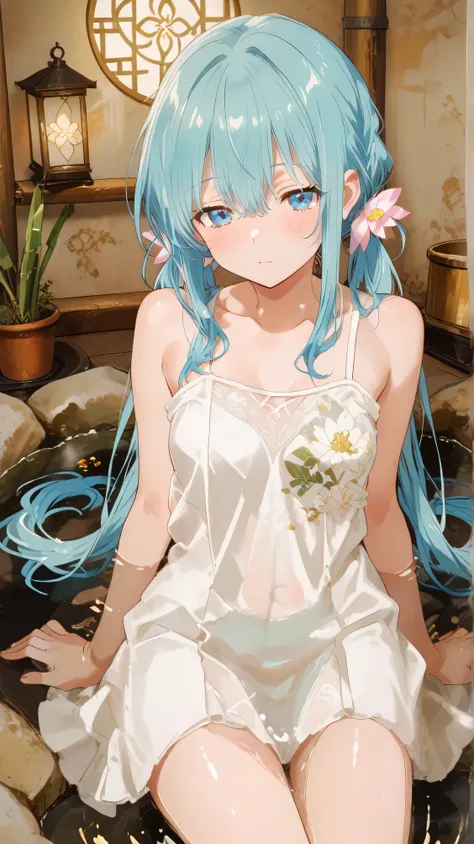 Masterpiece, Best Quality, Top Quality, Very Detailed, 1 girl, score_9, score_8_up, score_7_up, An anime girl with long aqua twin-tails lounges in a circular onsen, her white translucent cheongsam dress damp against her skin as cherry blossom patterns glow...