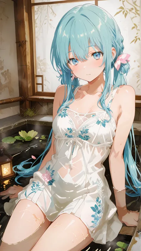 Masterpiece, Best Quality, Top Quality, Very Detailed, 1 girl, score_9, score_8_up, score_7_up, An anime girl with long aqua twin-tails lounges in a circular onsen, her white translucent cheongsam dress damp against her skin as cherry blossom patterns glow...