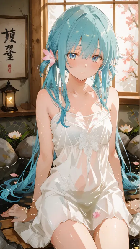 Masterpiece, Best Quality, Top Quality, Very Detailed, 1 girl, score_9, score_8_up, score_7_up, An anime girl with long aqua twin-tails lounges in a circular onsen, her white translucent cheongsam dress damp against her skin as cherry blossom patterns glow...