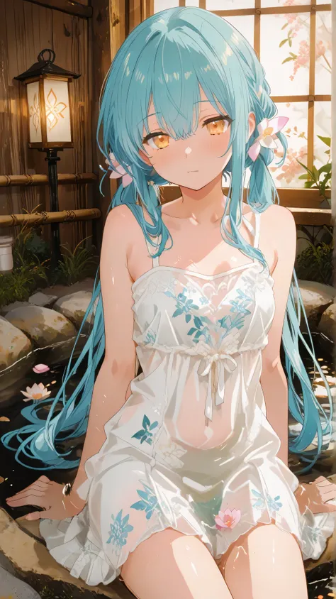 Masterpiece, Best Quality, Top Quality, Very Detailed, 1 girl, score_9, score_8_up, score_7_up, An anime girl with long aqua twin-tails lounges in a circular onsen, her white translucent cheongsam dress damp against her skin as cherry blossom patterns glow...