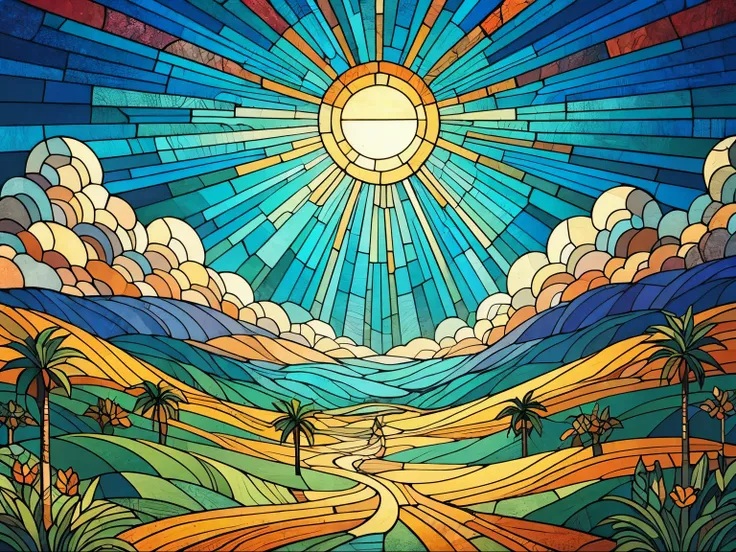 Many tropical birds flying. Complex design. Detailed design. Colorful. Intricate painting. Sun and clouds. Feel the wind. Stained glass texture