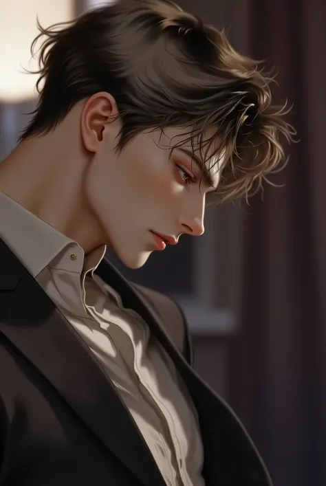 "sexy anime scene at night. Inside the cozy living room, One person view of a woman standing on a handsome man lying on a sofa. ชายคนนี้มีshort hair , wavy brown hair, wet sweat, dark gray eyes with long eyelashes, Thick eyelashes, sharp and sensual look S...