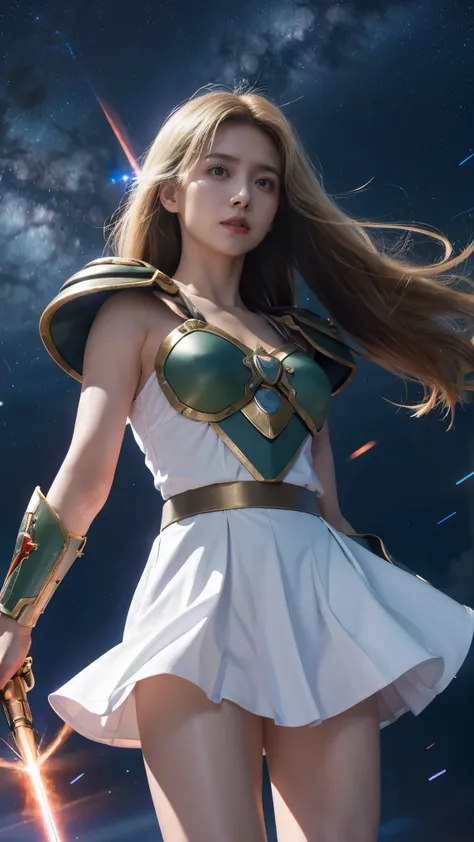White combat uniform、miniskirt、God Dess of War 、staff、high resolution、Unknown Power、thunder、wind、Inflammation、logic、Planetary alignment、starry sky、Blue Light、laser beam、God's Weapons 、Diffuse reflection of light、 Cyber Valkyrie