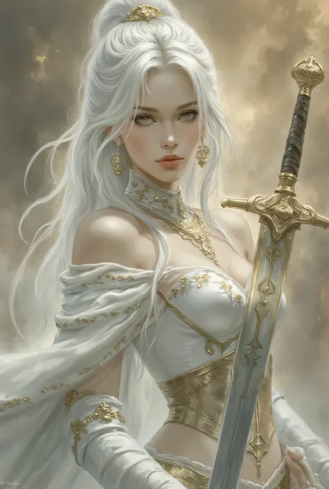 a woman in a white dress with a sword and a sword, fantasy woman, 4k fantasy art, hyperrealistic fantasy art, realistic fantasy artwork, karol bak uhd, hd fantasy art, amazing fantasy art, detailed fantasy art, epic fantasy art style hd, a sexy blonde warr...