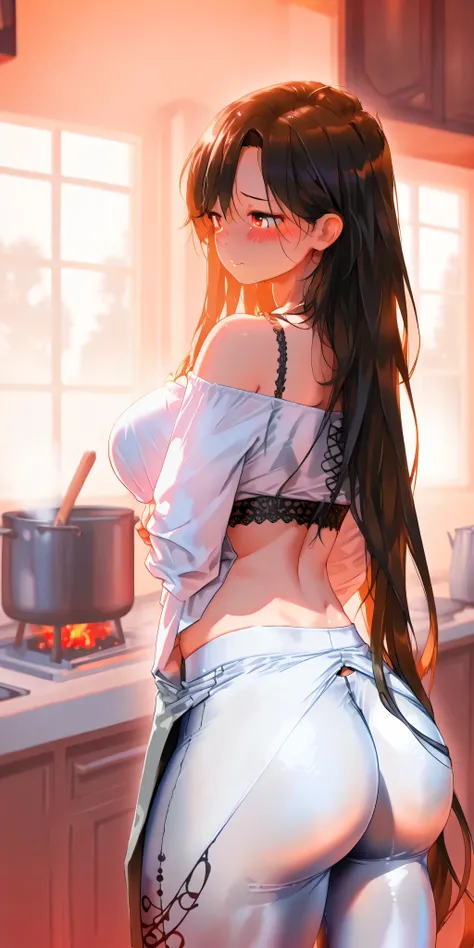 (photorealism:1.2), beautiful shy housewife, medium sexy beautiful butt, cooking in the kitchen, wear loose off-the-shoulder sheer tops, Black lace sheer bra, the black song can be seen through the yoga pants, Pure white yoga pants, Long horse tail hair, i...