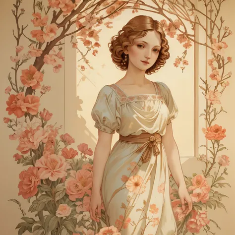 379 (20 year old women),(short hair),(gentle smile),(high quality photos),(Da Vinci ),(colorful floral dress),(A room with a large painting),((contrast between light and shade))