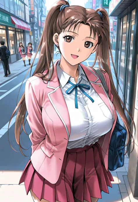 masterpiece, newest, lively, very aesthetic, high contrast, mature woman,((KanouRyouko, twintails, brown hair, long hair, brown eyes)),((school uniform,pink jacket,white shirt,blue ribbon,pink pleated skirt)), ((Big Breasts:1.4)), (smile,open mouth),((Stre...