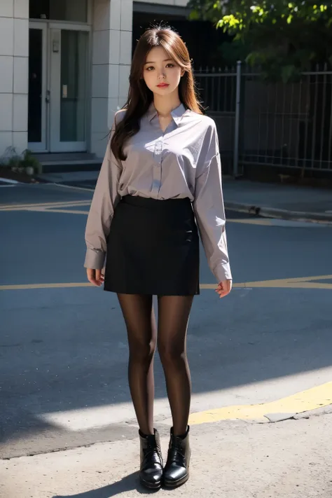 1 girl, cool japanese girl, , 5'6" tall, perfect body, long brown hair, brown eyes, ((black long sleeve shirt, black skirt with leggings)), full body view, posing for photo, makeup on face, blushing