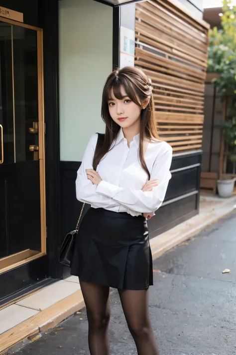 1 girl, cool japanese girl, 5'6" tall, perfect body, ((long brown hair, bangs hairstyle)), brown eyes, ((black long sleeve shirt, black skirt with leggings)), full body view, posing for photo, makeup on face, blushing