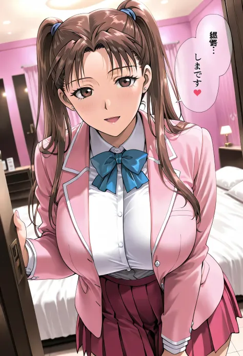 masterpiece, newest, lively, very aesthetic, High Contrast, mature woman,solo.(KanouRyouko, twintails, brown hair, long hair, brown eyes)),((school uniform,pink jacket,white shirt,blue ribbon,pink pleated skirt)), ((Big Breasts:1.4)), (shy,embarrassing,smi...