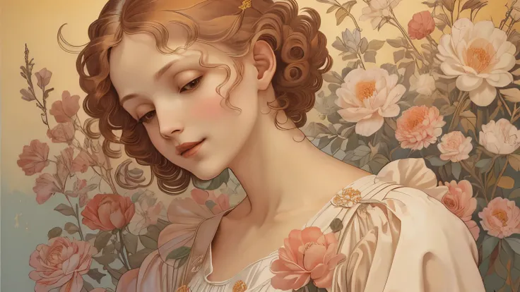 379 (20 year old women),(short hair),(gentle smile),(high quality photos),(Da Vinci ),(colorful floral dress),(A room with a large painting),((contrast between light and shade))