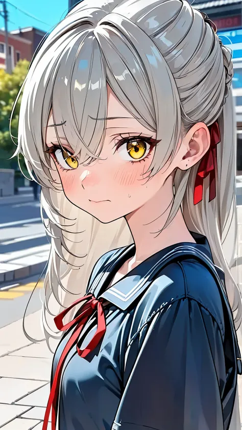 8K (high resolution) (Super Detail) (masterpiece) (Highest Quality) detailed eyes detailed face detailed hands Delicate hair detailed wrinkles on clothes very elaborate body fine skin (solo) early yellow eyes (Grey Hair) long hair red ribbon on the side ...