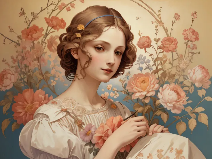 379 (20 year old women),(short hair),(gentle smile),(high quality photos),(Da Vinci ),(colorful floral dress),(A room with a large painting),((contrast between light and shade))