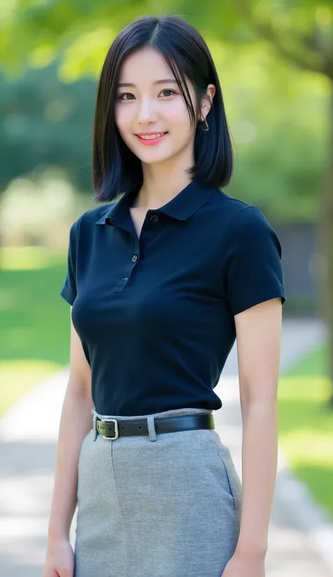 (A beautiful, mature 30-year-old Japanese woman)
(A beautiful oval-shaped face: 1.4)
(A gentle smile, despite her nervousness)
(Slender figure, small waist: 1.3)
(Long, straight black hair)
(A dark blue short-sleeved polo shirt)
(A tight, midi-length light...