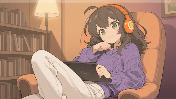 masterpiece, best quality, newest, absurdres, highres,
short dark brown hair, ahoge, shiny green eyes, 1girl, solo, relaxed and cozy expression, slight soft smile, sitting comfortably on a chair, leaning back slightly, one knee up, holding a tablet with on...