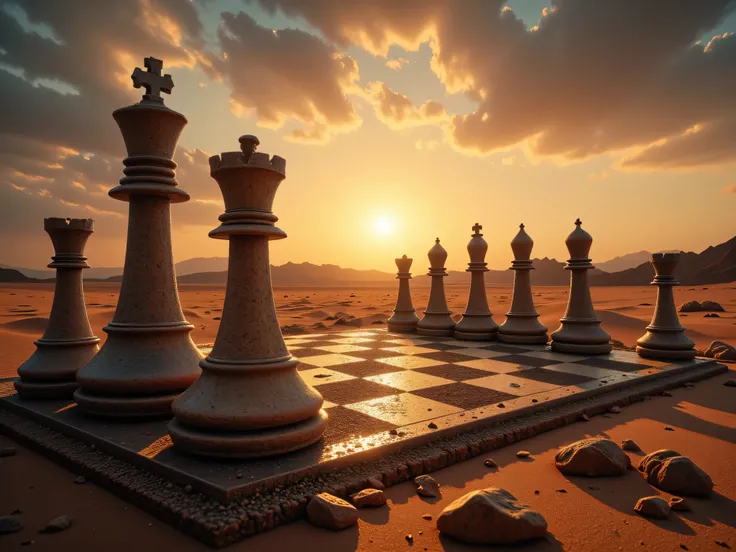 "Philosophical conceptual provocative art:Desert Chessboard: Imagine a chessboard located in the middle of an endless desert. The figures are made of sand and gradually crumble, symbolizing the futility of human efforts and the inexorability of time. The s...