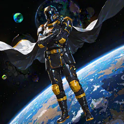 (masterpiece, best quality:1.2), 1 boy, Helldiver, full body, black armor with yellow accents, belt, boots, gloves, shoulder pads, knee pads, belt, uniform skirt, chestplate, helmet, cape, arms crossed, (fall from space, planet earth background),