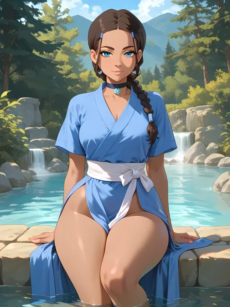 katara, long hair, blue eyes, brown hair, black hair, hair ornament, hairclip, braid, single braid, braided ponytail, dark skin, dark-skinned female, choker, short sleeves, robe, blue robe, sash, 8k, Obra maestra, mejor calidad, ultra detallado, detalles i...
