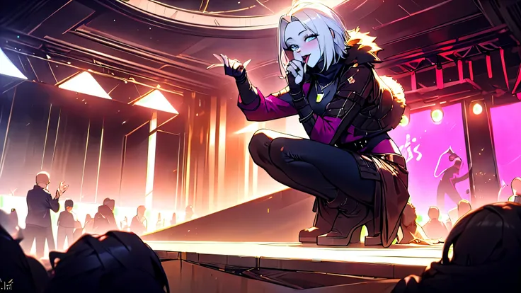 (masterpiece, best quality:1.2, looking down at subject, angled shot), solo, 1girl, mara sov, (blue skin:1.2), looking at viewer, fur trim, black leggings, black platform high heel shoes, necklace, BJ-FACE-POSE, tongue out, (hand infront of face, curled fi...