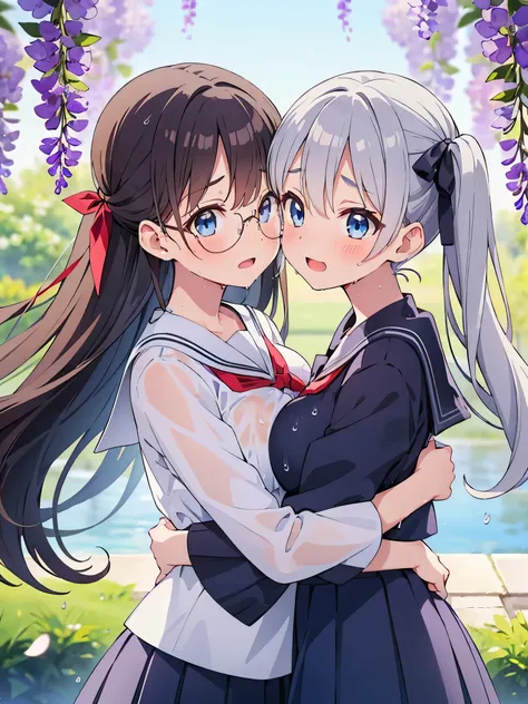 (score_9, score_8_up, score_7_up), source_Anime, absurd_res, white, blue, black, 2girls, duo, multiple girls, upper body, super fine illustration, an extremely delicate and beautiful, best quality, masterpiece, 8K, spring setting, wisteria flowers, gentle ...