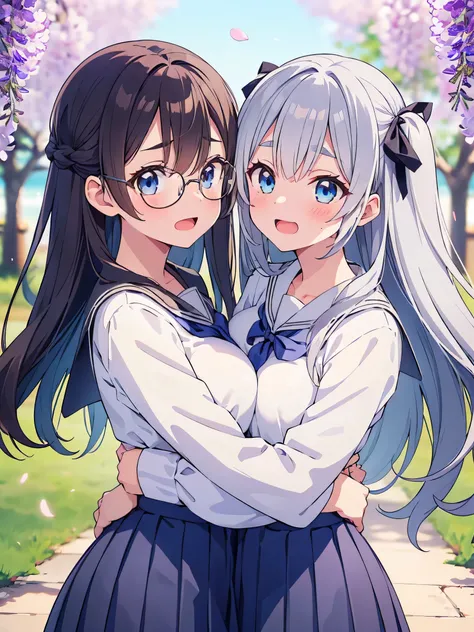 (score_9, score_8_up, score_7_up), source_Anime, absurd_res, white, blue, black, 2girls, duo, multiple girls, upper body, super fine illustration, an extremely delicate and beautiful, best quality, masterpiece, 8K, spring setting, wisteria flowers, gentle ...