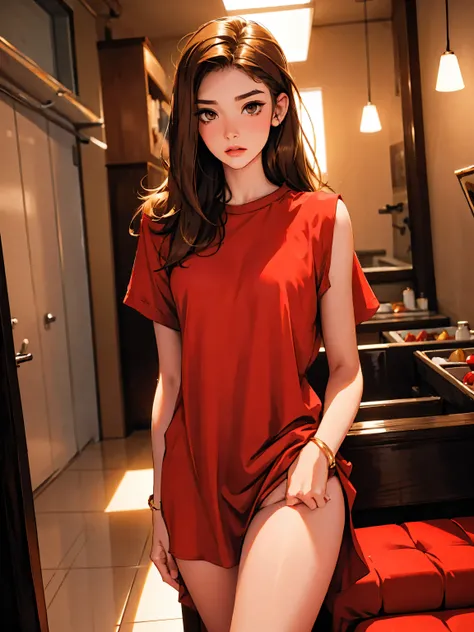 20 year old model, (only 1 girl), beautiful, brown hair, (shoulder length hair), , short glossy hair, hazel eyes, beautiful figure, beautiful long legs, , top quality, highest quality, pin-up style, red shirt, , dark makeup, small breasts, skinny, slend...