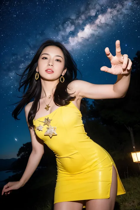Highest Quality, masterpiece, realistic, high resolution, 8KRAWpictures, 1 girl on break day, medium long hair、glamour、Yellow minidress with thunder motif、Gold trim、star shaped red dress with tar pendant 、star earrings、Action Pose、(Hill where you can see t...