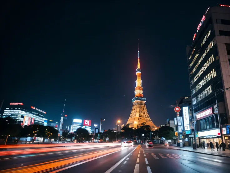 A vibrant night view of Tokyo Tower seen from a busy intersection, with glowing streetlights and light trails from passing cars. The tower is lit up in bright orange and gold, standing tall against a deep blue sky. The surrounding city buildings and traffi...