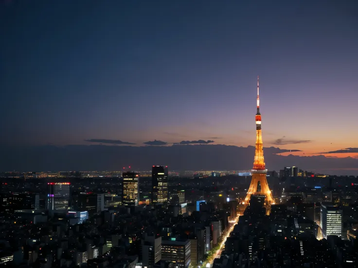 A breathtaking twilight view of Tokyo city with Tokyo Tower illuminated in warm orange lights, standing tall against a soft purple and blue dusk sky. The city lights begin to sparkle as night falls, with distant skyscrapers fading into the haze. The scene ...