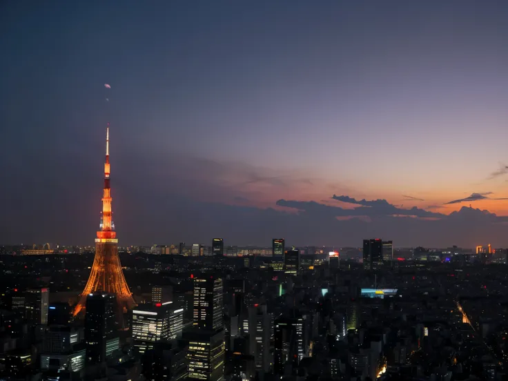 A breathtaking twilight view of Tokyo city with Tokyo Tower illuminated in warm orange lights, standing tall against a soft purple and blue dusk sky. The city lights begin to sparkle as night falls, with distant skyscrapers fading into the haze. The scene ...