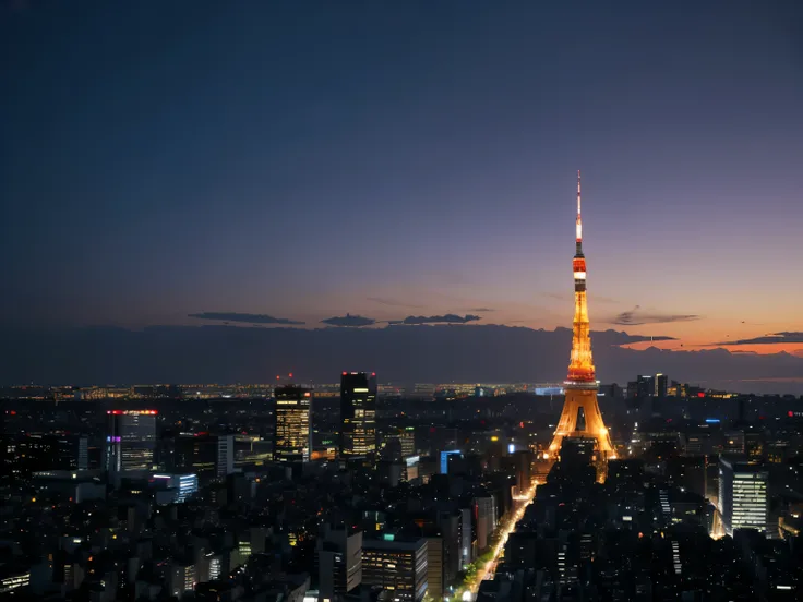 A breathtaking twilight view of Tokyo city with Tokyo Tower illuminated in warm orange lights, standing tall against a soft purple and blue dusk sky. The city lights begin to sparkle as night falls, with distant skyscrapers fading into the haze. The scene ...