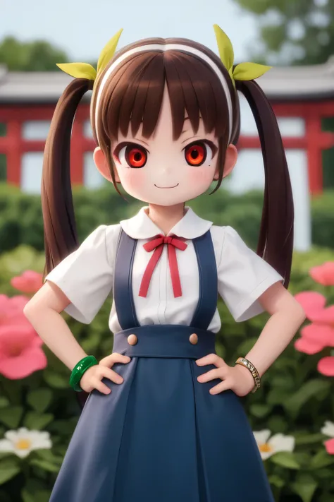 high resolution,1 girl, solo,  Watch Viewers, Hachiku-ji Temple, long hair, brown hair, Red Eyes, Flat chest, Brown Hair、twin tails, green＿hair ribbon, white hair band, skirt for ears, shirt, ribbon, green bracelet,  uniform, white shirt, Short sleeve, blu...