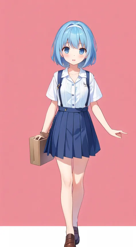 【style】 anime illustration、【appearance】 1 girl、 quick、standing、has a young face、Blue Hair Girl、short hair、hair band、(open collar:1.2)、No bag、【costume】 uniform、suspender skirt、(wrinkles showing slightly on the left shoulder:1.2)、(box skirt:1.2)、ankle、White ...