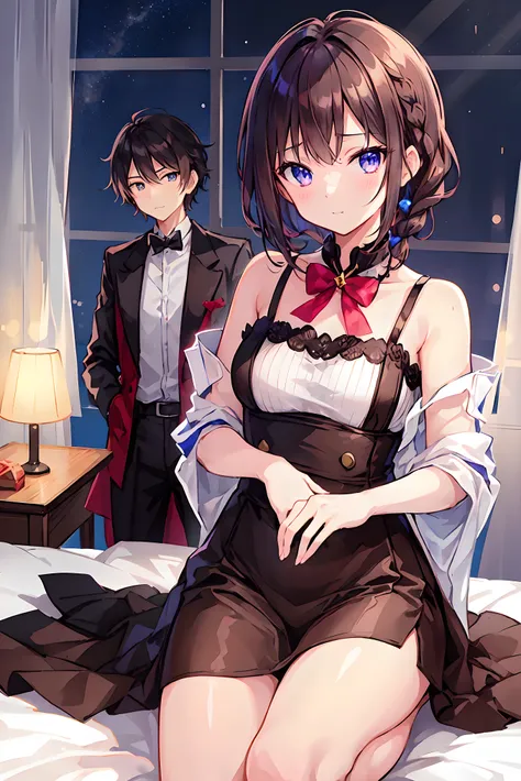 ( table top in bed)( high image quality )couple in their 20's, female1名、female向けロマンス、 Sparkling atmosphere 、Glossy appearance、 Devour each other however you like、interview、 sweating、maleがfemaleの胸や体を触る、femaleがmaleにキスをする、make、female( brown medium length h...