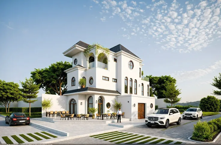 The image depicts a neoclassical two-story house with a white facade and tiled roof. Key features include:

- **Structure and Design:** Rectangular shape, elegant neoclassical details like decorative moldings and a small balcony.
- **Roof:** Dark-colored t...