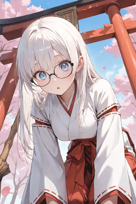 ((Masterpiece)),((best quality)),((incredibly absurdres)),((8K)),BREAK,
1 girl,solo,younger,kawaii,white hair,long hair,straight hair,blue eyes,small breasts,baby face,big eyes,BREAK ,
((black eyewear)),(miko),Maiden miko outfit,wide sleeves,BREAK,
(:o),op...