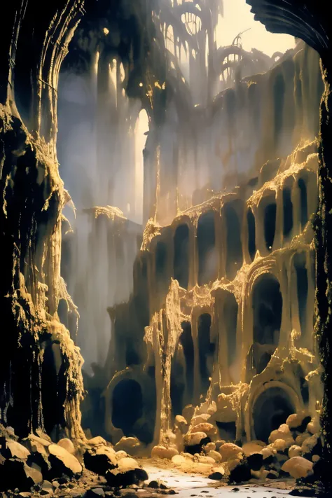 A castle deep inside a huge mountain cave which is overgrown with moss. Dark ambience. Rotten. Forgotten