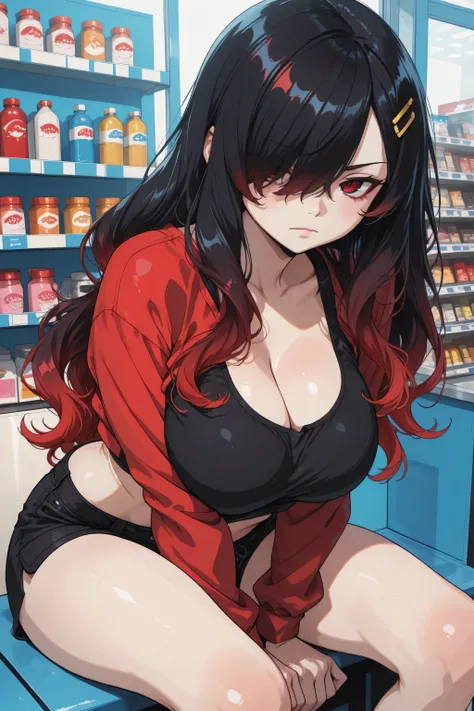 1 girl, Kuroki Monika, red eyes, gradient hair, black hair, red hair, long hair, asymmetrical hairline, hair over right eye, ((large breasts)), (petite but curvy), very cute, lovely,  yellow hairpin, red jacket, black crop top,  black shorts, cute, serious...
