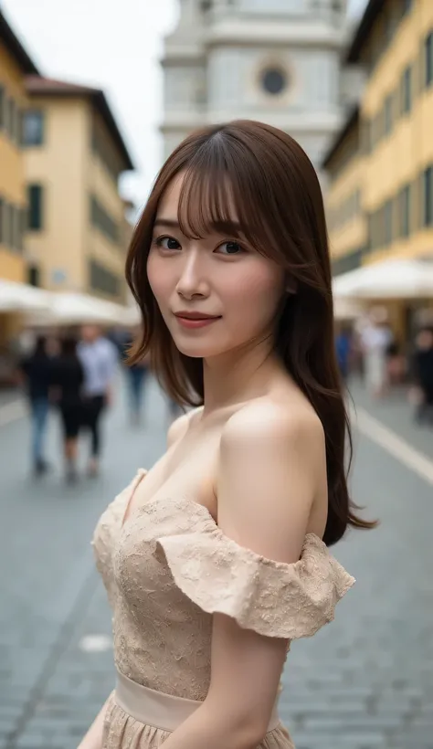 A Japanese beautiful woman is posing, Elegant Makeup, wearing a luxurious dress, off shoulder dress, cleavage, perfect proportions, medium breasts, slim figure, height:166cm, RAW photos, high image quality, top quality, photorealistic, realistic, (Canon EO...