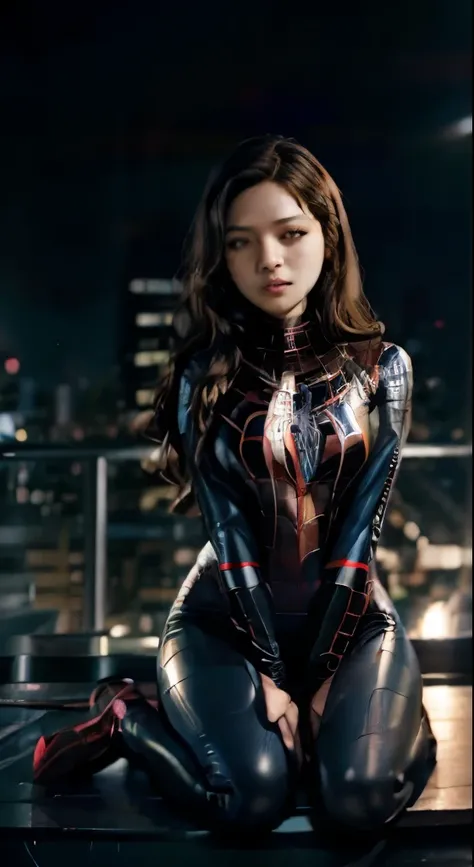(Wear Female Spider-Man_cosplay_outfit:1.1), full body suit, Sky front, nice hand,4K, A high resolution, tmasterpiece, best qualtiy, head:1.3,((Hasselblad photograp)), finelydetailedskin, tack sharp focus, ( movie lights),the night,softlighting,dynamic ang...