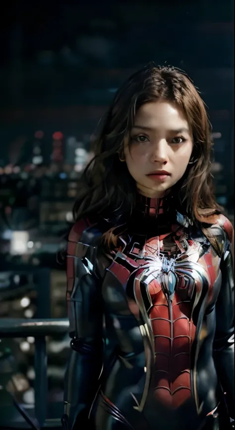 (Wear Female Spider-Man_cosplay_outfit:1.1), full body suit, Sky front, nice hand,4K, A high resolution, tmasterpiece, best qualtiy, head:1.3,((Hasselblad photograp)), finelydetailedskin, tack sharp focus, ( movie lights),the night,softlighting,dynamic ang...