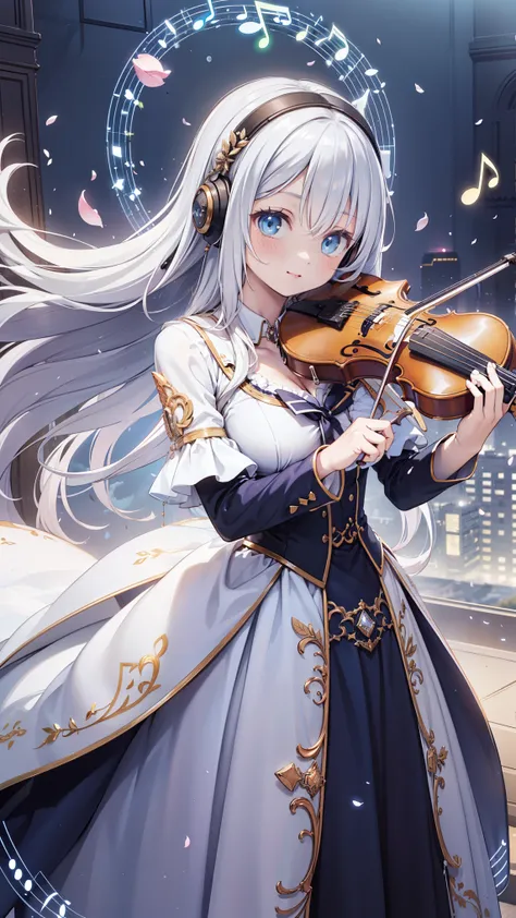 ( masterpiece:1.3), (Best Quality:1.3), (ultra-fine:1.2), (Highly Detailed Skins:1.2), (fine facial details:1.1), (realistic shadows:1.1),meticulous hands; 1 Girl:1.2, alone,ethereal musical metropolis, Skyscraper with luminous musical notes:1.2, luminous...