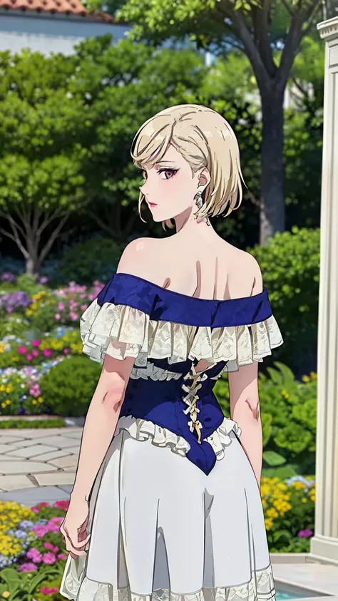 rifa,1 girl,(purple eyes, blonde hair),bangs, (short hair), (off shoulder dress, lace-trimmed dress, bare shoulders, frills), (earrings), (garden), (cowboy shot:1.2), looking at the viewer, (from behind),
20 years,young woman,beautiful long legs,beautiful...