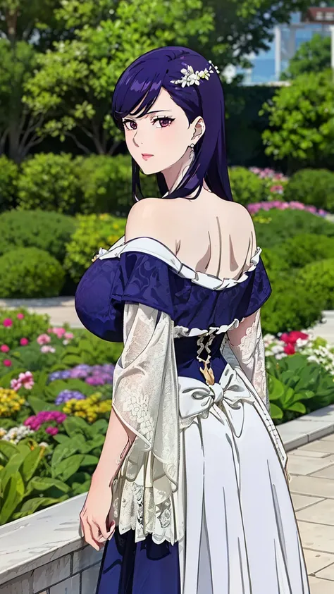 rifa,1 girl,(purple eyes, purple hair),bangs,Long Hair,(off shoulder dress, lace-trimmed dress, bare shoulders, frills), (garden), (from behind), (cowboy shot:1.2), looking at the viewer,
20 years,young woman,beautiful long legs,beautiful body,
beautiful N...